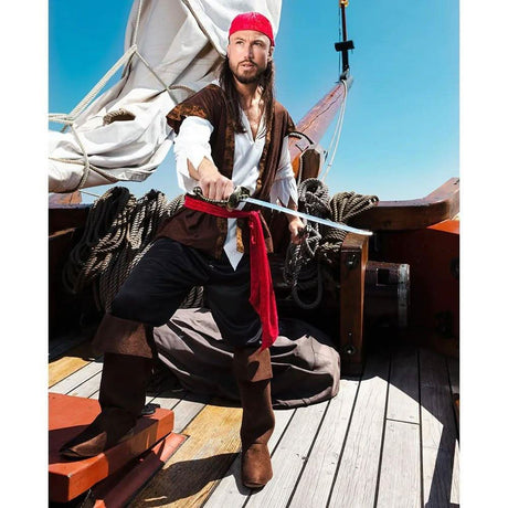 Mens Fancy Dress men's pirate costume 50/52 with red bandana sword and brown boots on wooden ship deck
