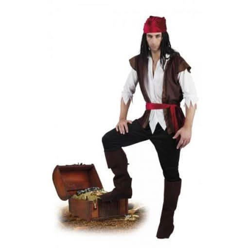 Mens Pirate Costume 54/56 with red bandana brown vest and black pants standing next to treasure chest