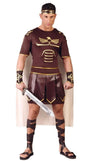 Men's Roman Gladiator Costume with brown tunic, gold detailing, cape, arm cuffs, and sword