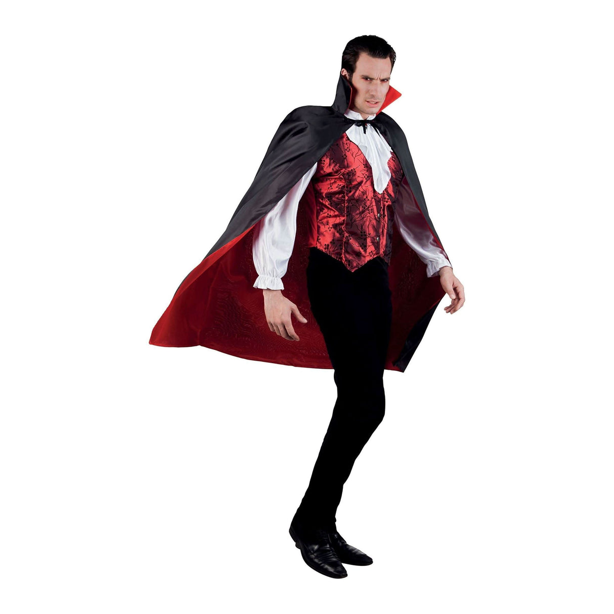 Mens Fancy Dress Men's Vampire Halloween Costume with red vest and black cape with red lining