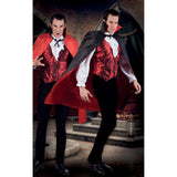 Men's Vampire Halloween Costume with red vest and black cape for Halloween or costume parties