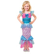 Little girl wearing a colorful mermaid costume for girls with blue and pink details and ruffled sleeves