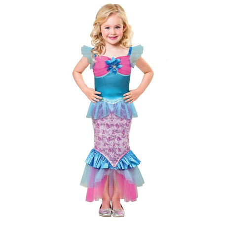 Little girl wearing a colorful mermaid costume for girls with blue and pink details and ruffled sleeves