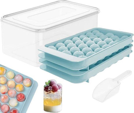 CLICKK Home Store mini sphere ice cube tray set with blue trays, clear storage container, and white scoop