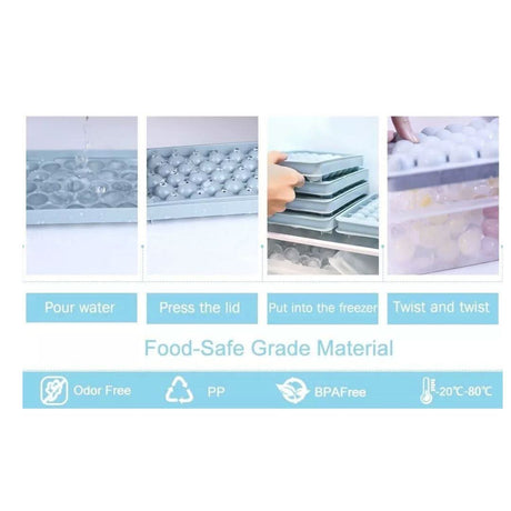 CLICKK Home Store mini sphere ice cube tray showing pouring water, pressing lid, stacking trays, and twisting to release ice