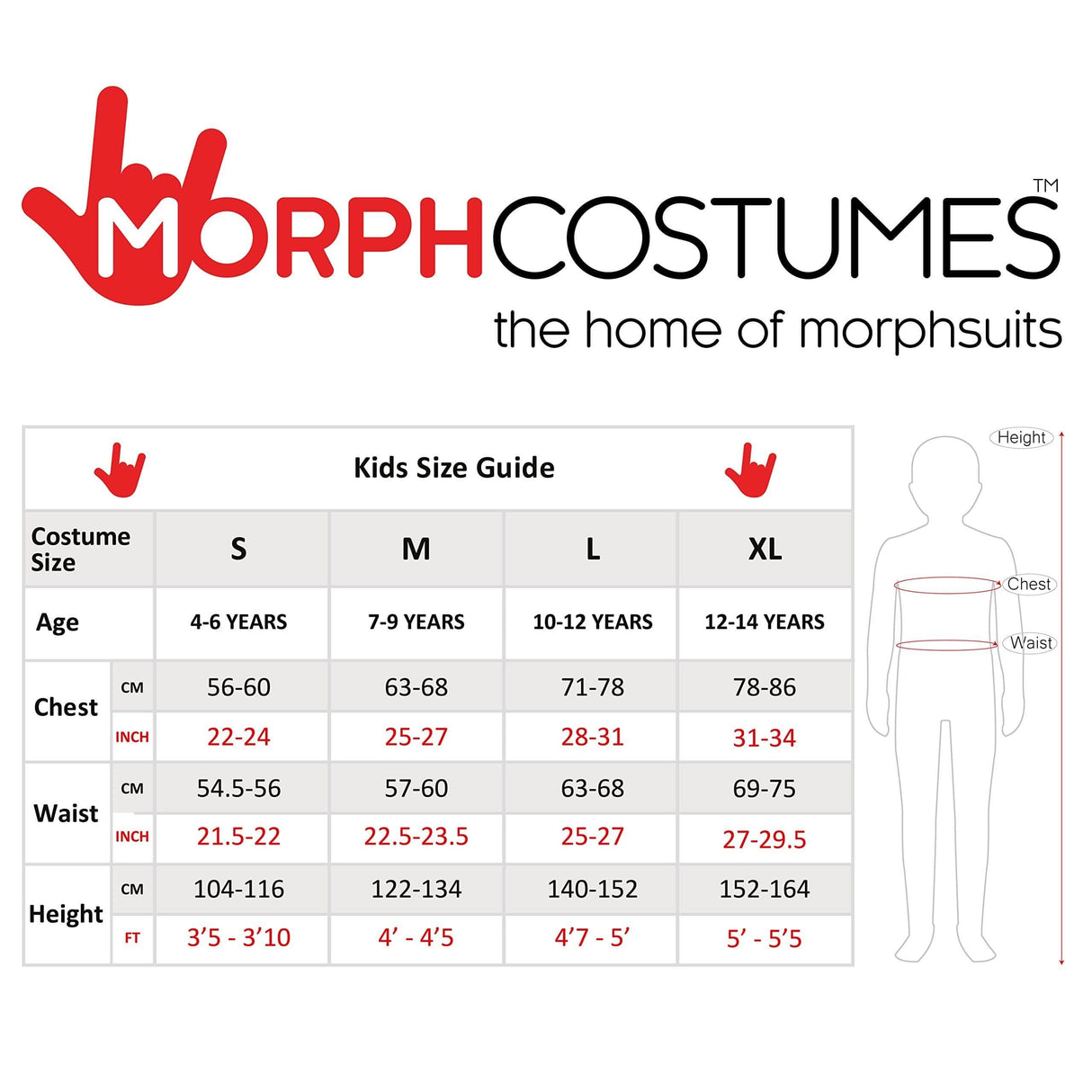 Kids size guide chart for boys frog costume large with measurements for chest waist and height