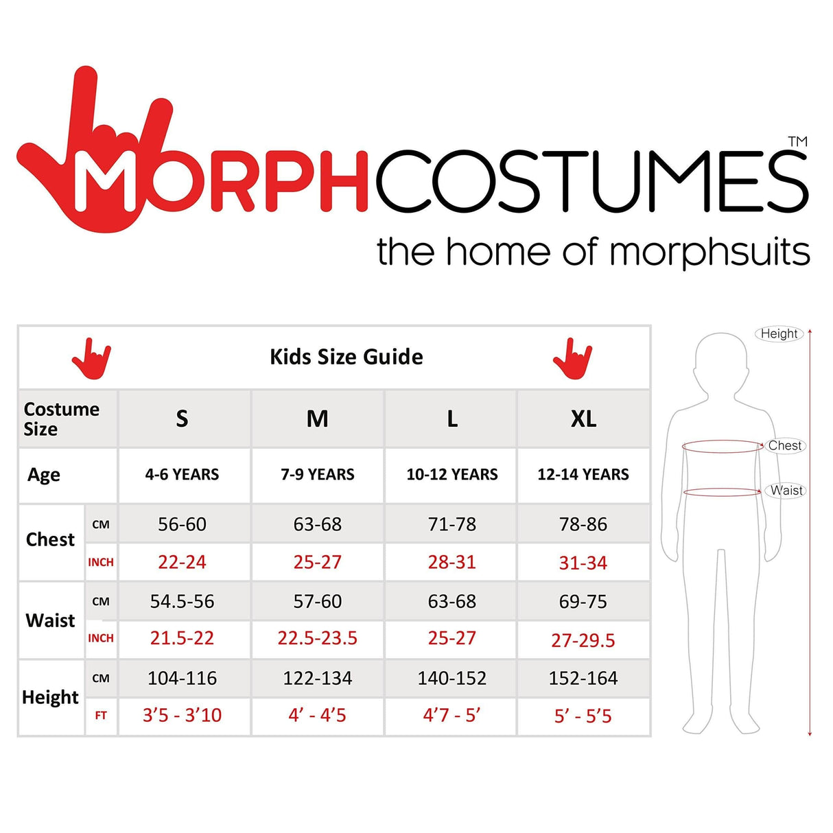 Kids Size Guide chart for Dorothy costume for kids with measurements in chest waist and height