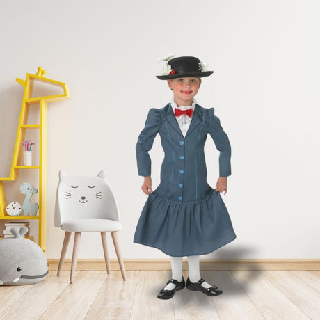 Child dressed in Mary Poppins costume for kids by Fancy Dress with blue dress and black hat