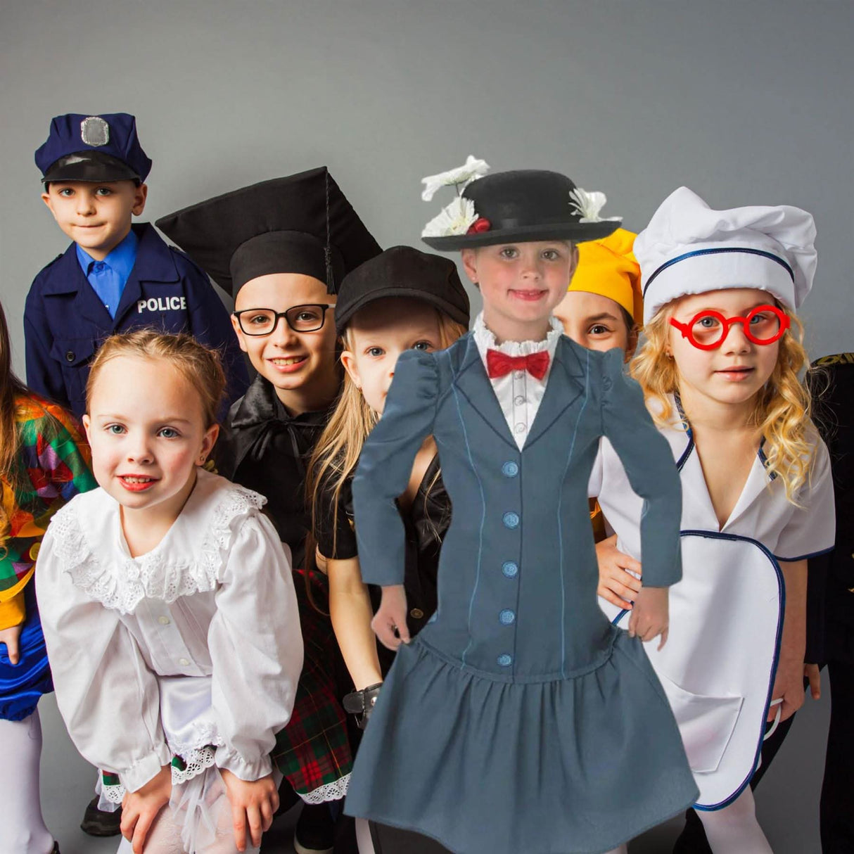 Kids dressed in various costumes featuring a girl wearing a Mary Poppins costume for kids with a dark dress and hat