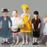 Kids dressed in costumes including a Mary Poppins costume for kids by Fancy Dress with hat and blue dress