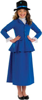 Girl wearing a blue Mary Poppins costume for kids with jacket, skirt, white frilled collar, and black hat