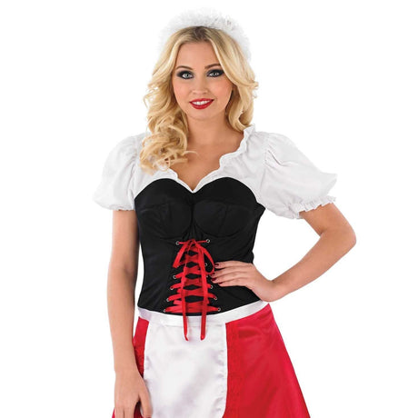 Blonde woman wearing Oktoberfest women's costume with black corset top, white blouse, and red skirt
