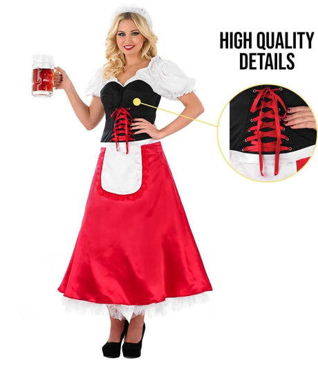 Oktoberfest women's costume with red skirt black corset and white blouse holding a beer mug
