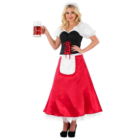 Woman wearing Oktoberfest women's costume with white blouse black corset and red skirt holding beer mug