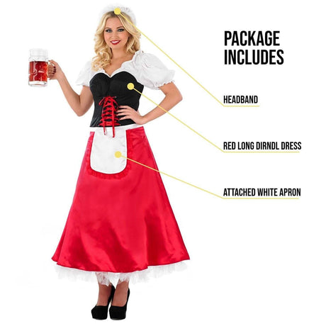 Oktoberfest women's costume with red long dirndl dress, attached white apron, and headband holding a beer mug