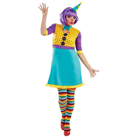 Women's clown costume featuring a colorful dress with yellow polka dots and striped tights