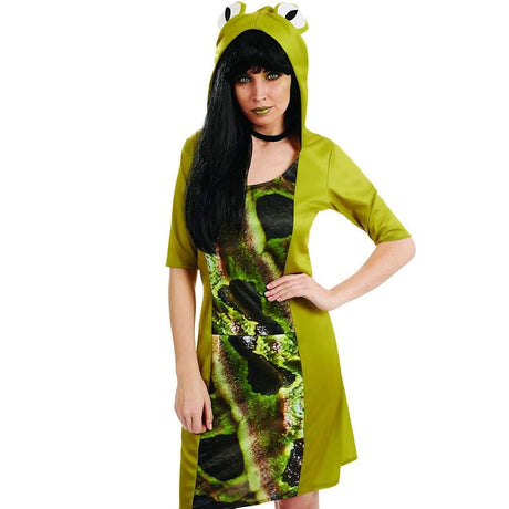 Woman wearing a women's frog fancy dress costume with green hood and frog eyes