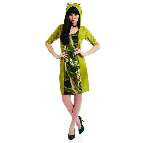 Women wearing a women's frog fancy dress costume featuring a green hood with eyes and patterned dress from Womens Fancy Dress