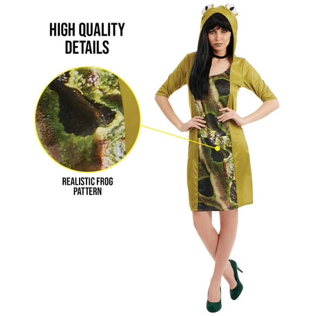 Woman wearing women's frog fancy dress costume with realistic frog pattern and hood with eyes