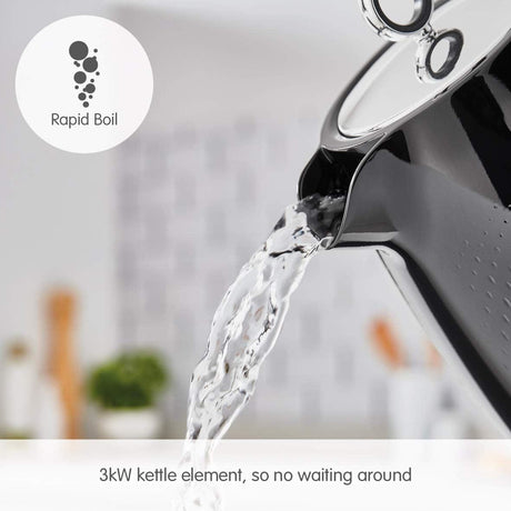 Morphy Richards black kettle pouring water with rapid boil feature and 3kW kettle element