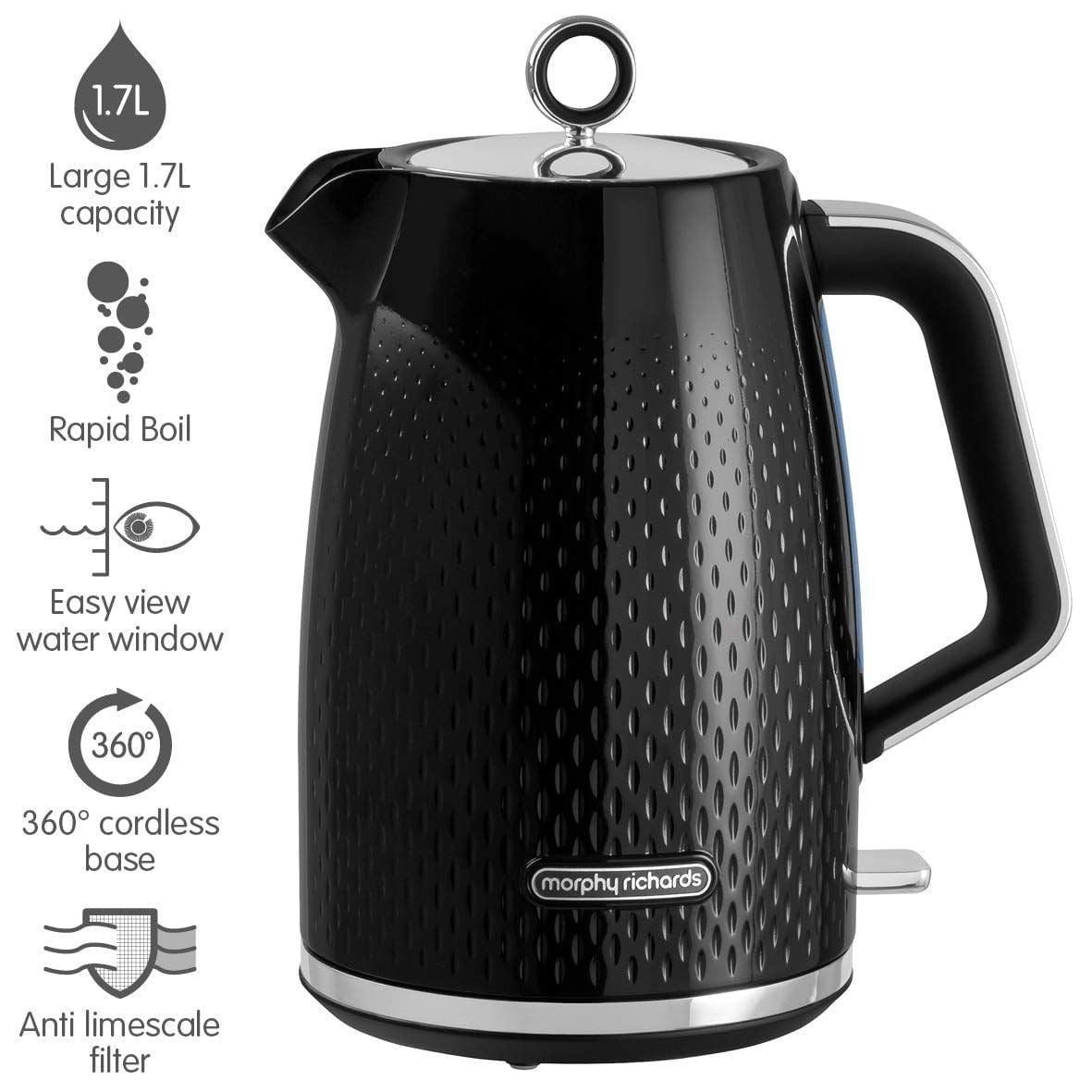 Morphy Richards black kettle with 1.7 liter capacity and cordless base for rapid boiling