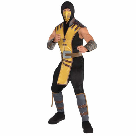 Mortal Kombat Scorpion costume men's full outfit with yellow and black ninja design from Mens Fancy Dress