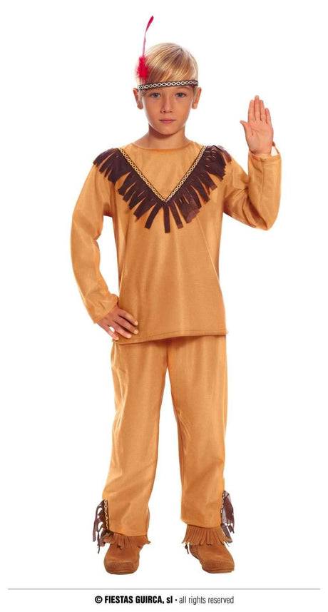Boy wearing Native American costume for kids with tan fringe outfit and feather headband