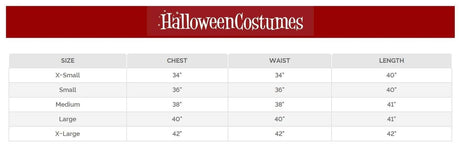 Size chart for Native American costume women by Womens Fancy Dress showing chest waist and length measurements