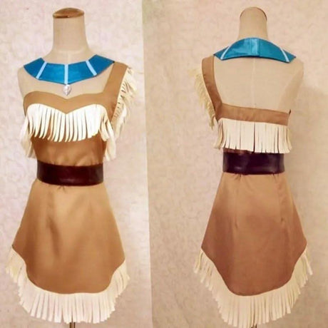 Womens Fancy Dress Native American inspired costume with brown fringe dress and blue collar detail shown from front and back
