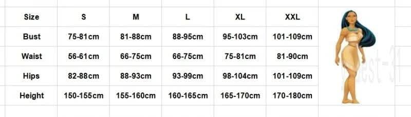 Womens Fancy Dress Native American inspired costume size chart with bust waist hips and height measurements
