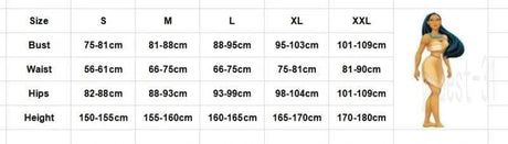 Womens Fancy Dress Native American inspired costume size chart with bust waist hips and height measurements