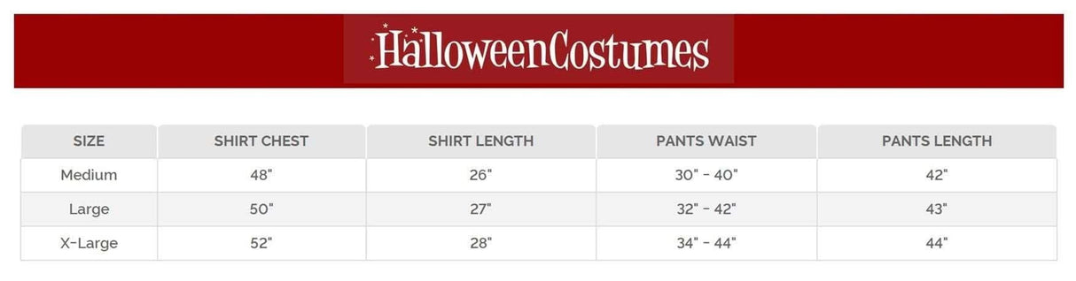 Size chart for Mens Fancy Dress Native American warrior costume XL showing chest, length, and waist measurements