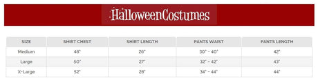 Size chart for Mens Fancy Dress Native American warrior costume XL showing chest, length, and waist measurements