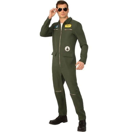 Man wearing Navy Hotshot Costume XL green flight suit with patches and sunglasses