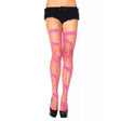 Neon diamond net tights in bright pink worn with black shorts and black high heels