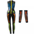 Womens Fancy Dress neon skeleton catsuit with colorful bones and matching arm sleeves in black fabric