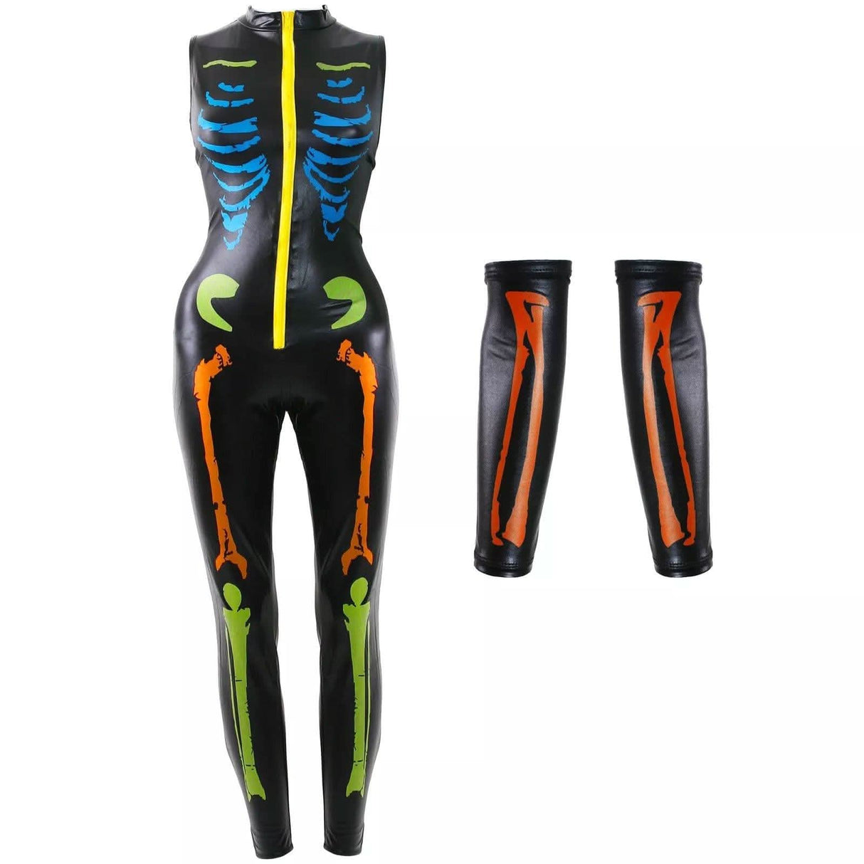 Womens Fancy Dress neon skeleton catsuit with colorful bones and matching arm sleeves in black fabric