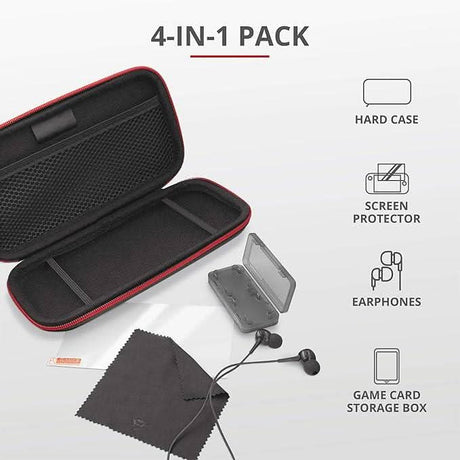 Nintendo Switch Lite carrying case 4-in-1 pack with hard case, screen protector, earphones, and game card storage box