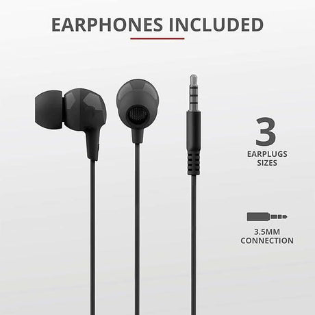 Black earphones with 3.5mm connection and three earplug sizes included with Nintendo Switch Lite carrying case