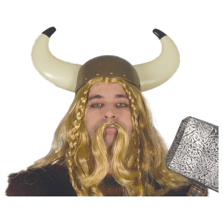 CLICKK Home Store Nordic Viking helmet with large white horns worn with blonde braided wig and beard accessory