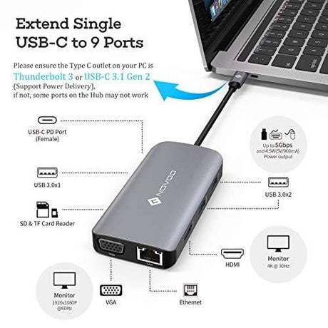 NOVOO USB Hub Multiport adapter extending single USB-C to 9 ports including HDMI VGA Ethernet and card reader