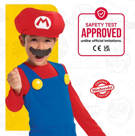 Super Mario costume for kids by Kids Fancy Dress with red hat, blue overalls, and fake mustache