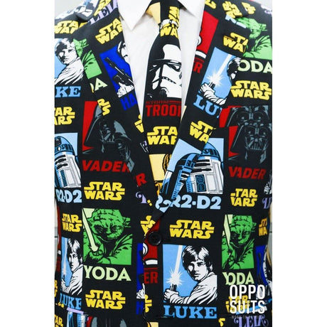 OppoSuits Strong Force costume featuring colorful Star Wars character print blazer and matching tie