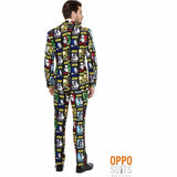 Man wearing OppoSuits Strong Force costume with colorful Star Wars character print suit from Mens Fancy Dress