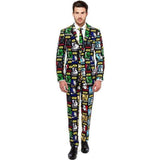 Man wearing OppoSuits Strong Force costume featuring colorful Star Wars character prints from Mens Fancy Dress