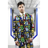 Man wearing OppoSuits Strong Force costume featuring colorful Star Wars character print suit and tie from Mens Fancy Dress