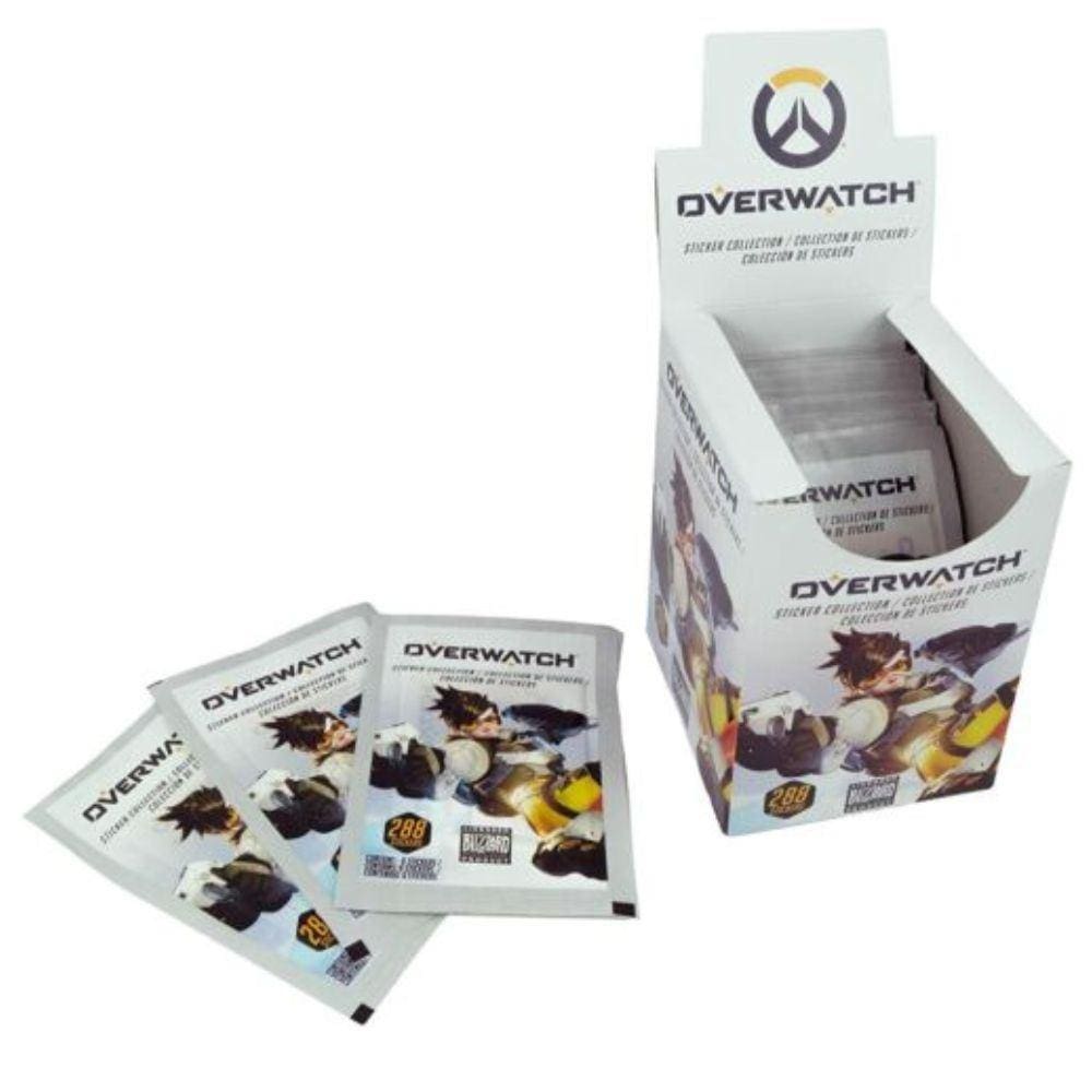 Overwatch video game sticker set displayed in a box with individual sticker packs for fans