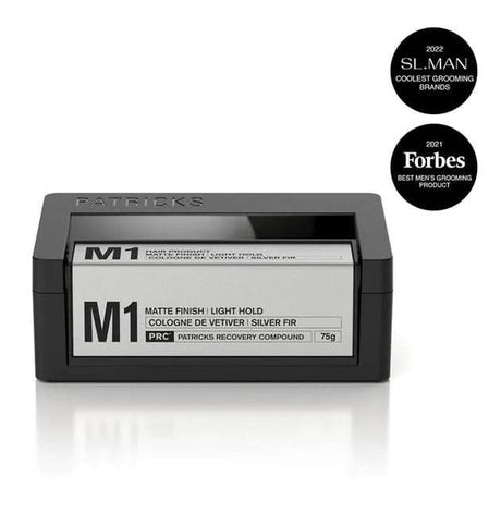 Patricks M1 light hold gel matte finish in black and white sleek container with grooming awards