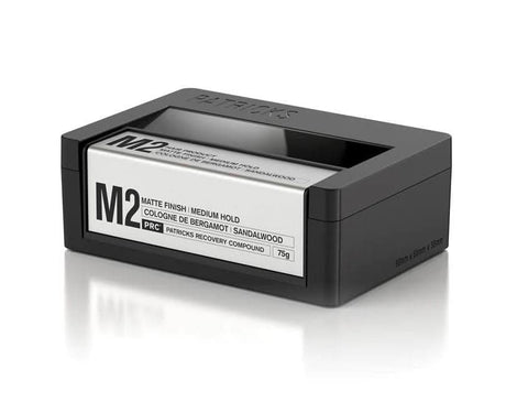 PATRICKS M2 hair gel matte finish medium hold in a sleek black rectangular container 75g