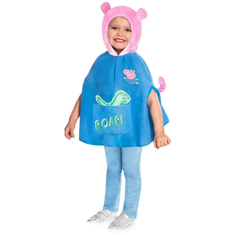 Child wearing Peppa Pig George costume with blue cape, pink hood with ears, and dinosaur design
